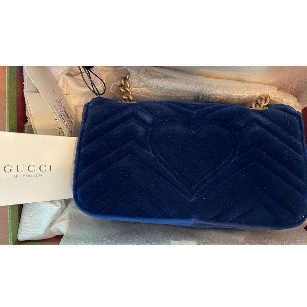 Gucci Velvet Matelasse Small GG Marmont Shoulder Bag Cobalt Blue Gold Handbag NW - Picture 8 of 9